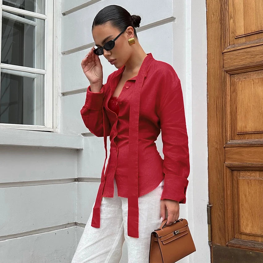 Women's Scarf Collar Shirt with Shaped Tie Back