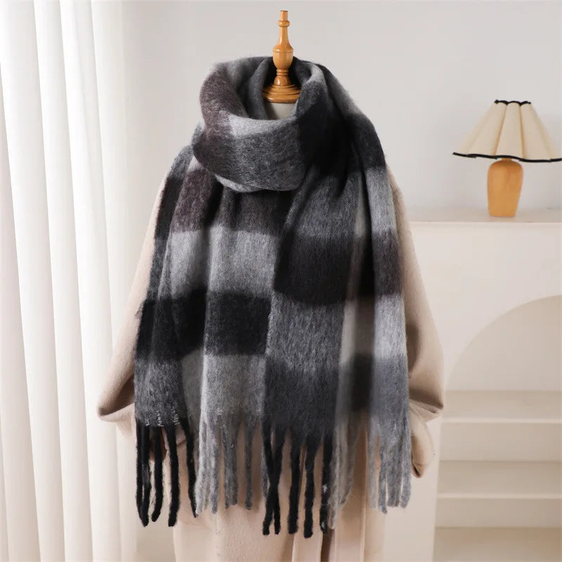 Multicolor Plaid Scarf with Long Shape and Fringed Ends
