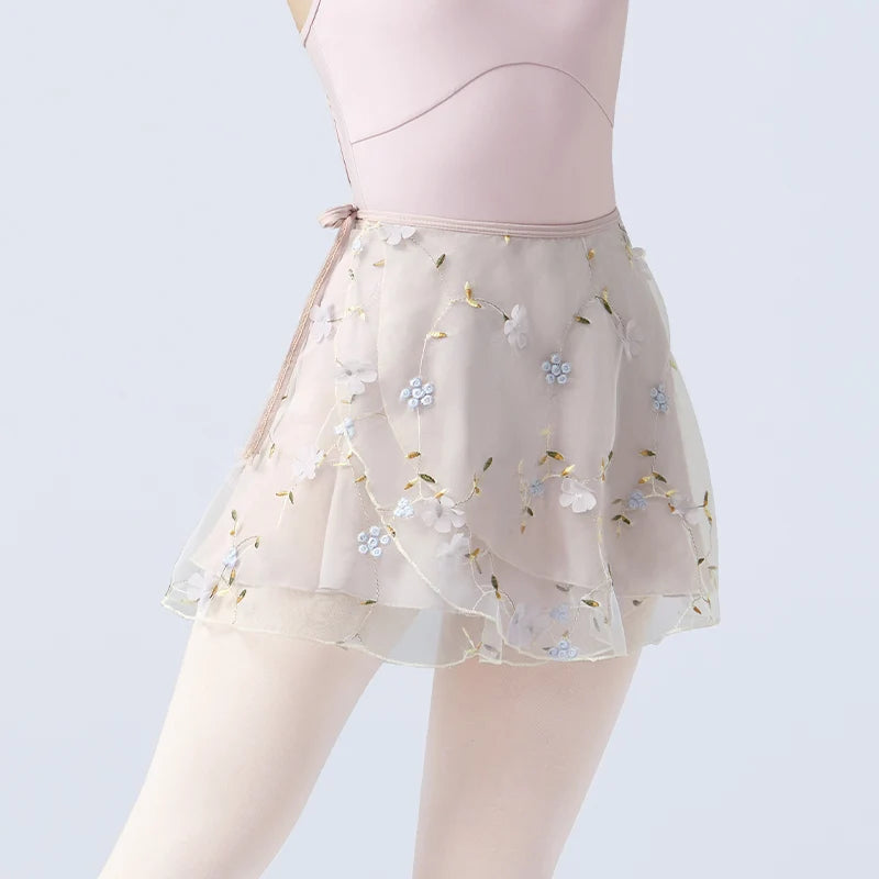 Women's Floral Embroidered Ballet Wrap Skirt with Two Layer Mini Design