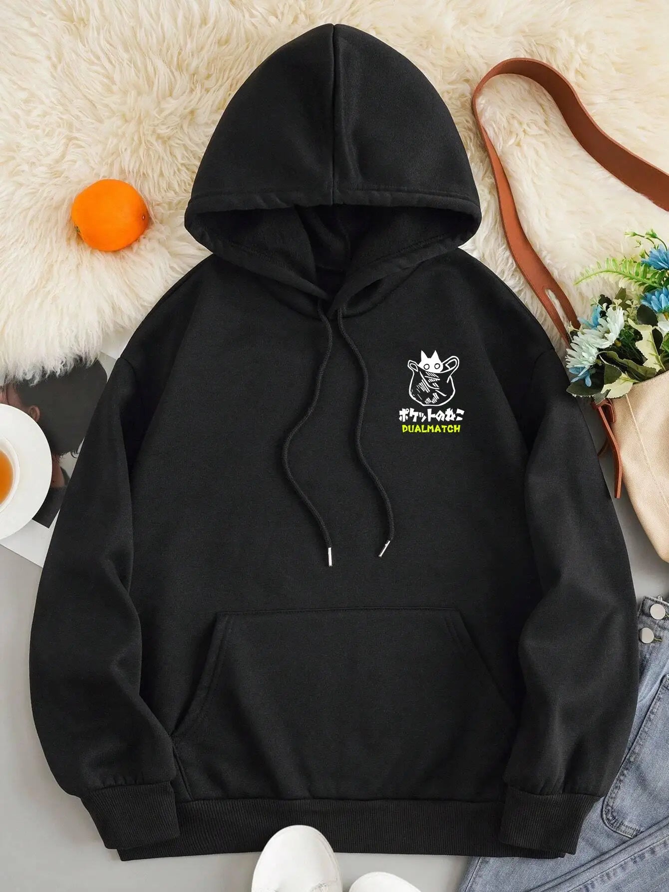 Cat Graphic Long Sleeve Pullover Casual Hoodie for Layering