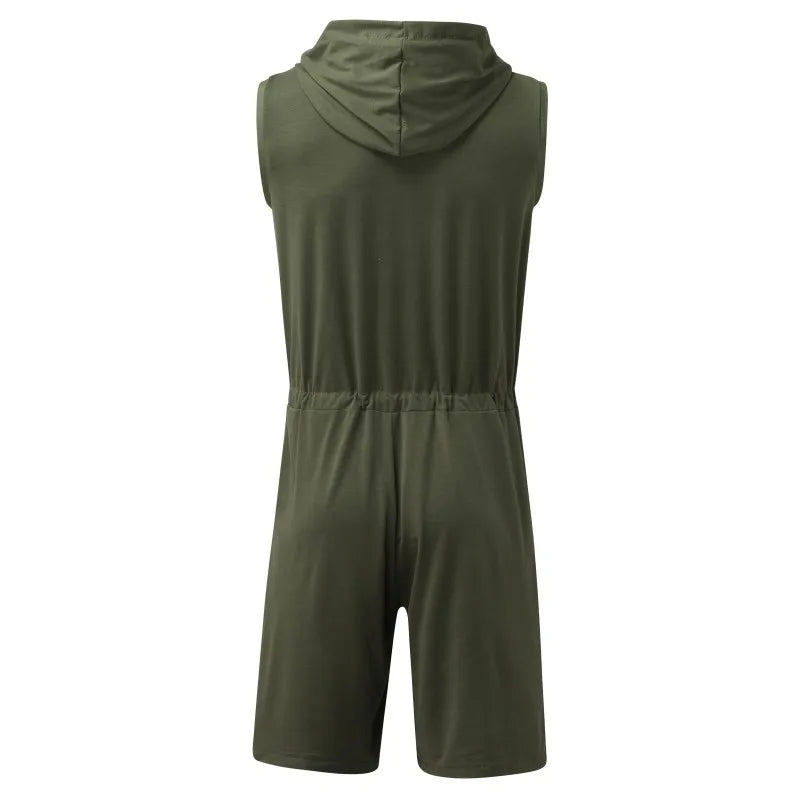Men's Sleeveless Hooded Zip Front Short Pajama Romper