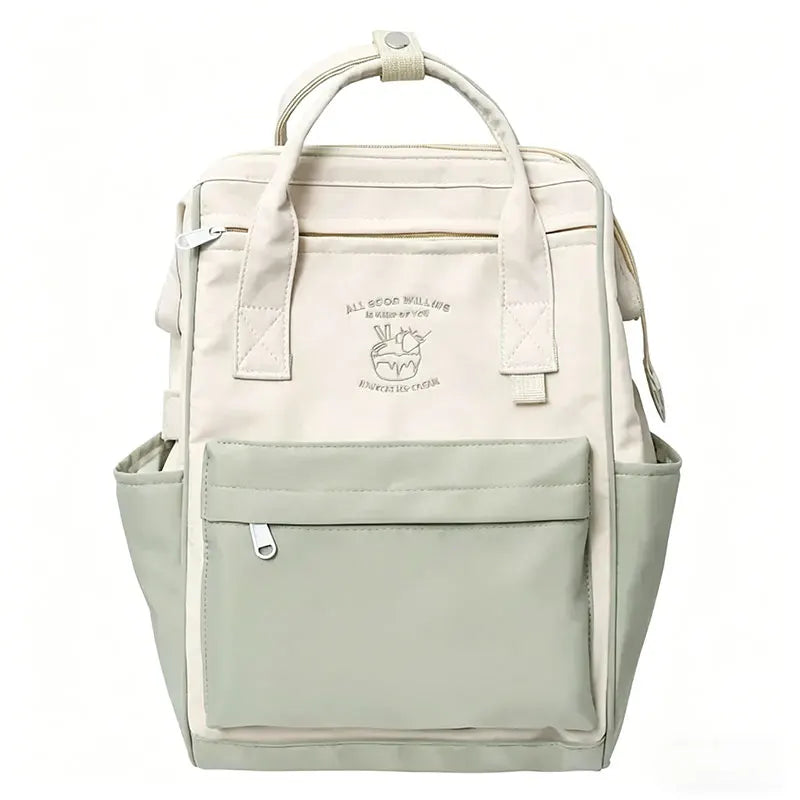 Colour Block Student Backpack with Twin Handles and Front Zipper Pocket