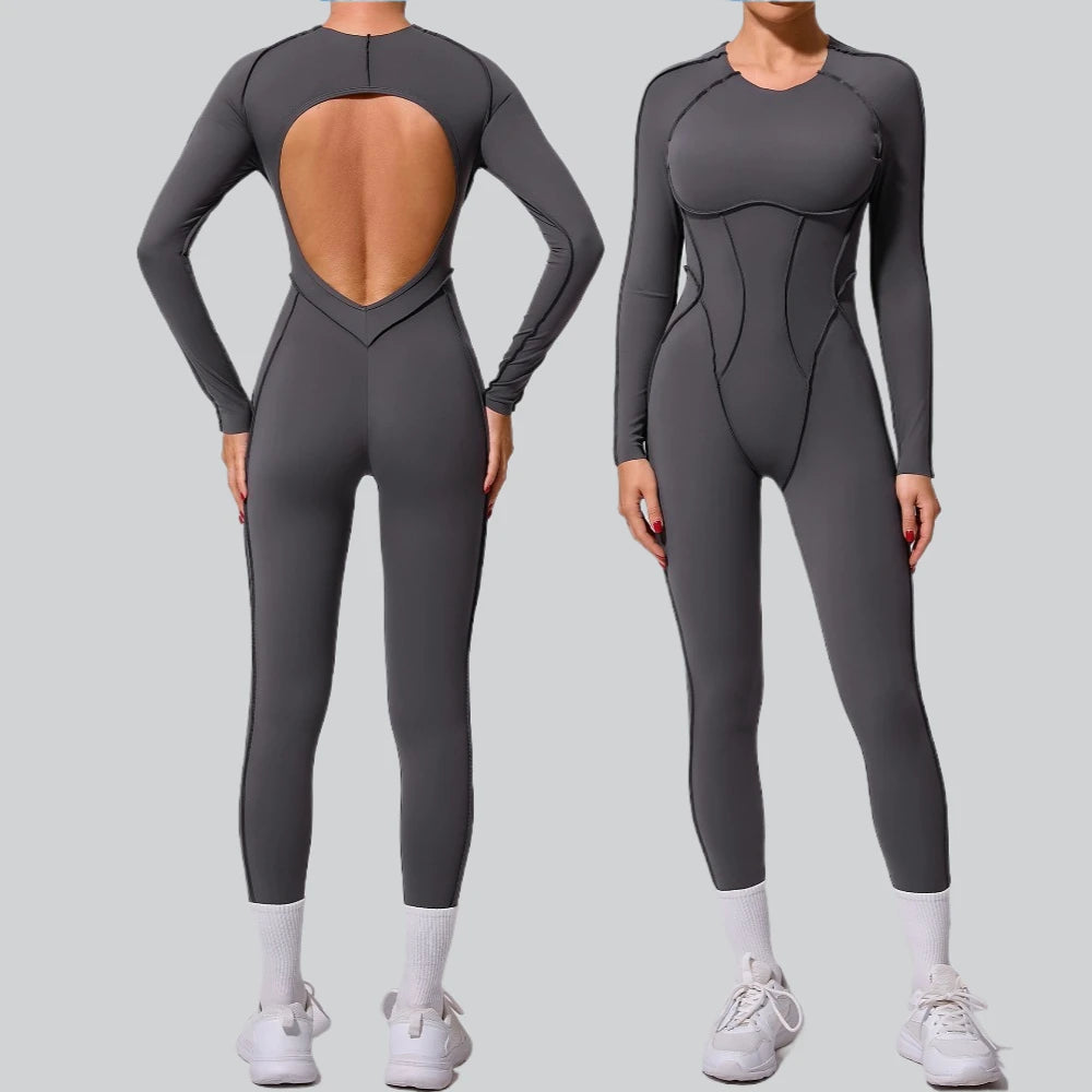 Women's Contoured Workout One Piece with Back Cutouts and Sleeve Length Options