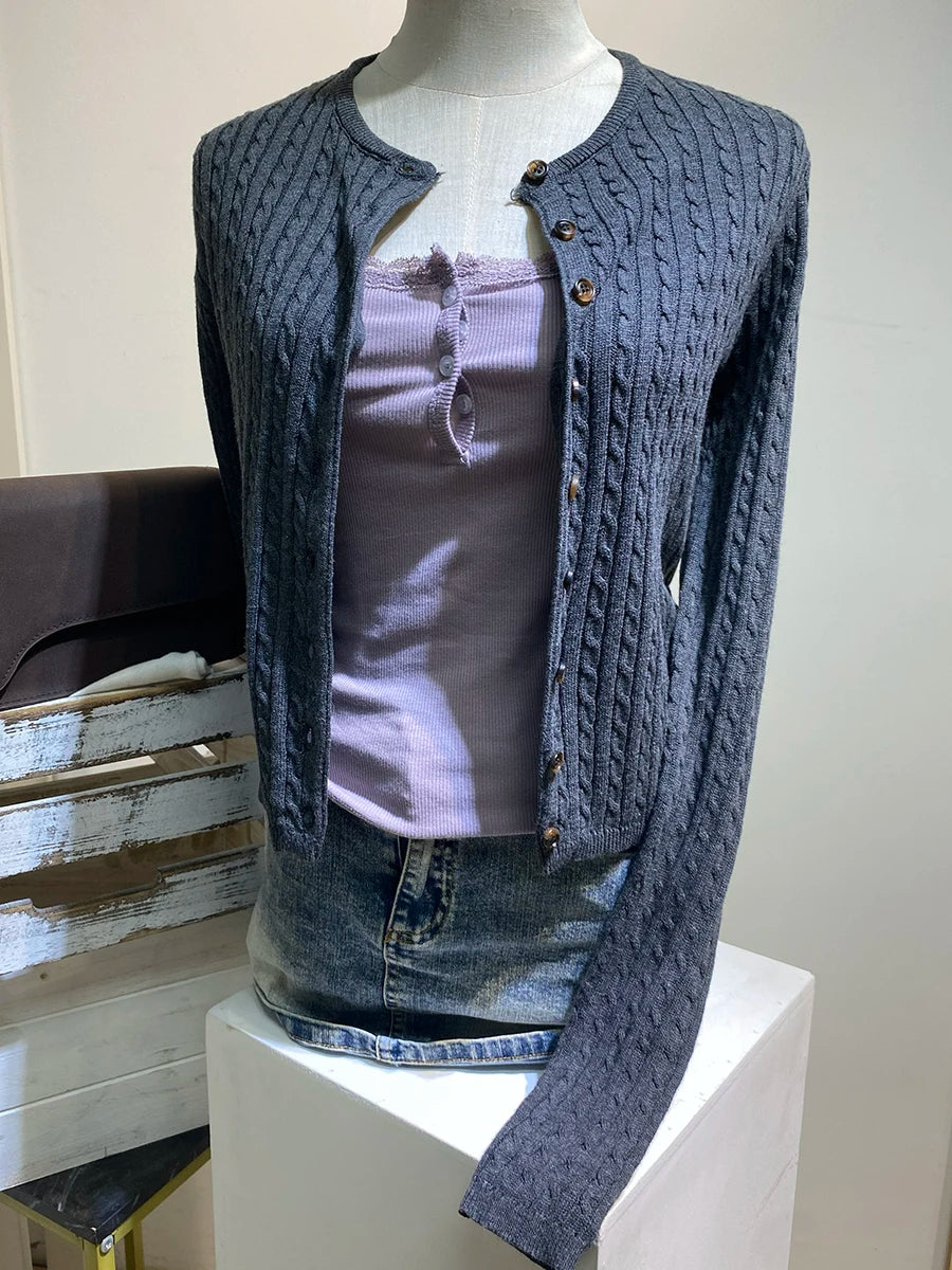 Women's Round Neck Button Front Cardigan Casual Knit Layer