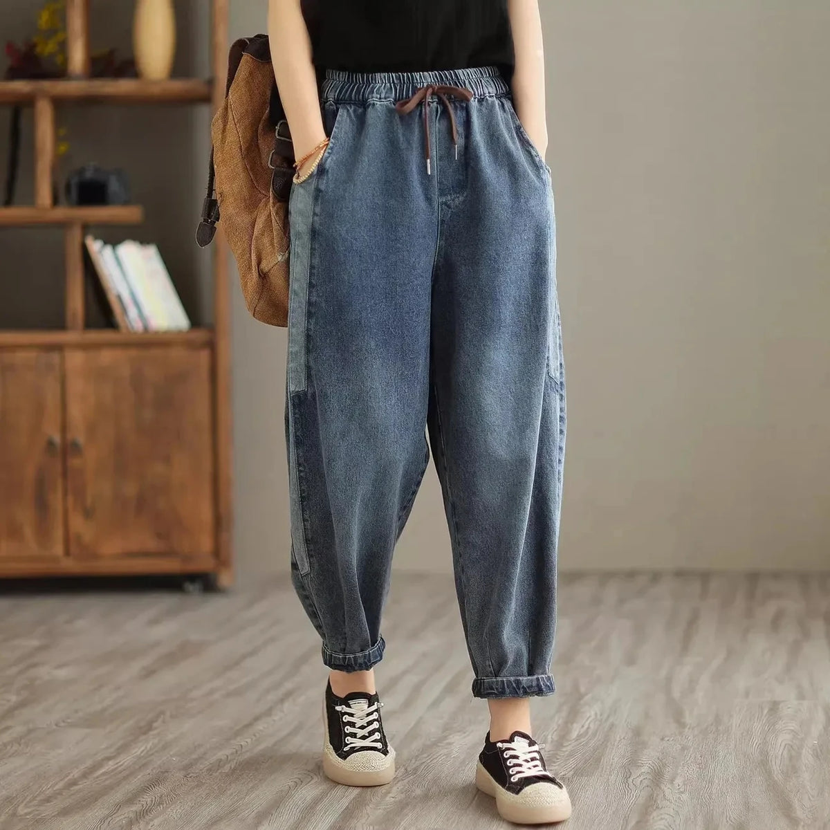 Women's Drawstring Elastic Waist Cropped Cuffed Denim Jeans