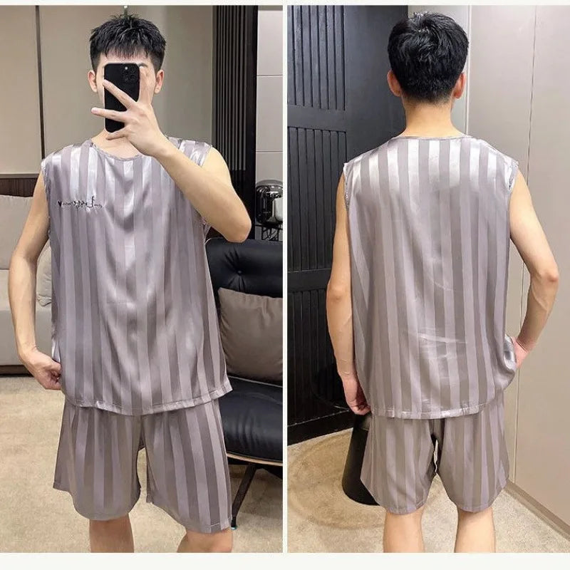 Men's Striped Sleeveless Top and Shorts Pajama Set