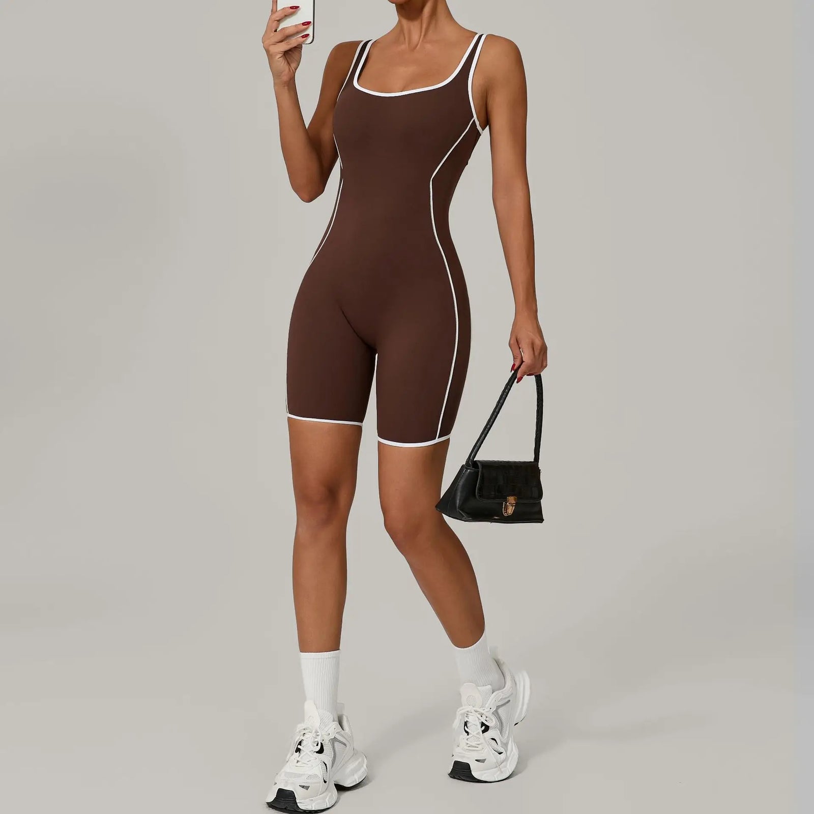 Women's Contrast Trim Nylon Blend Workout Romper with Racerback Cutout