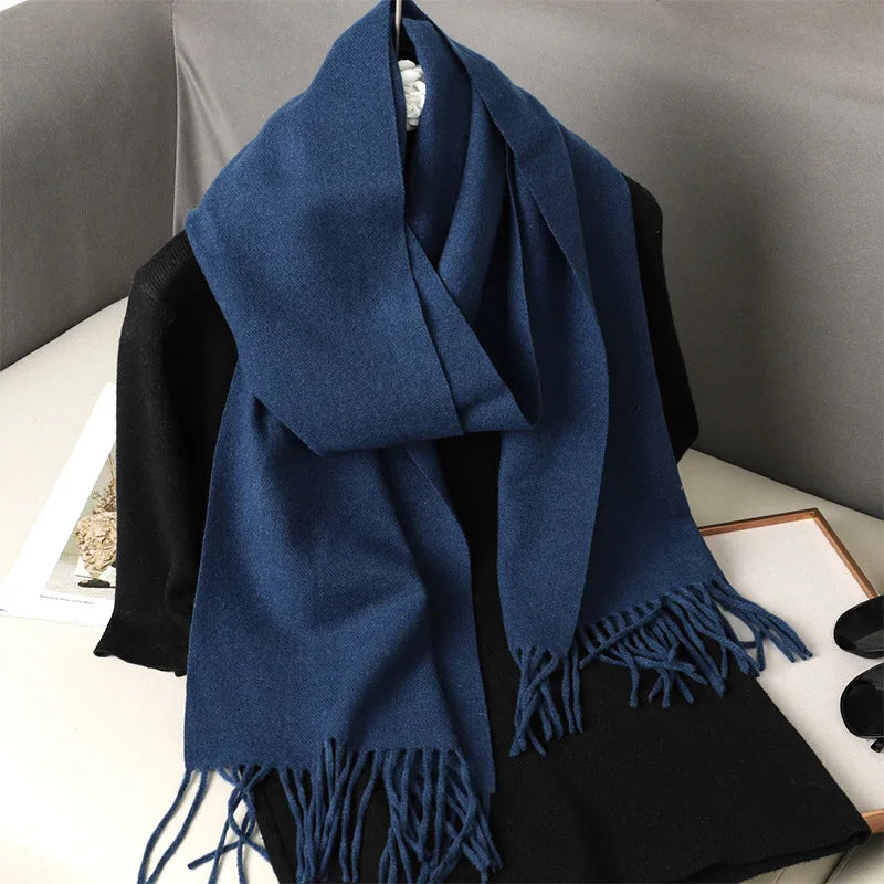 Solid Long Rectangular Scarf with Decorative Fringe Trim