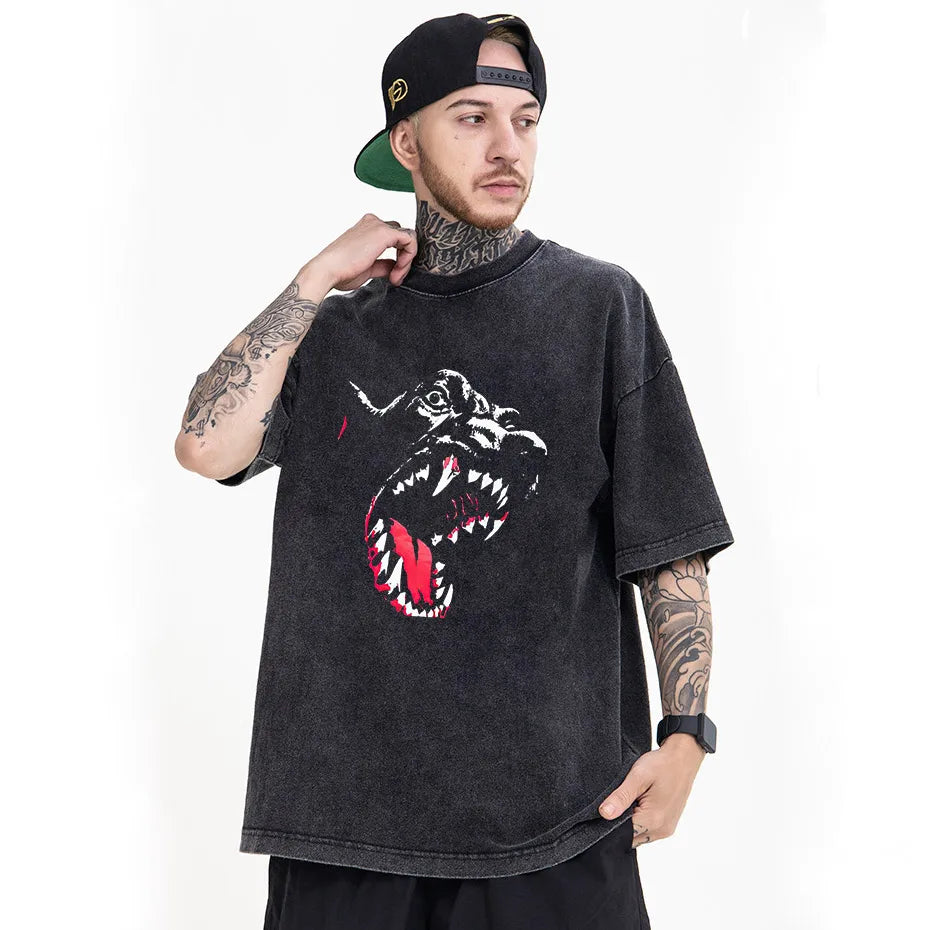 Black Source Vintage Men’s T-Shirt High Street Skull Pattern Acid Wash