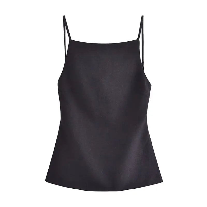 Women's Square Neck Camisole with Thin Straps and Lace-Up Back Detailing