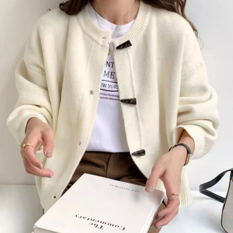 Versatile Crew Neck Autumn and Winter Sweater Wool Coat 100% Pure Cashmere Knitted Cardigan for Women Top