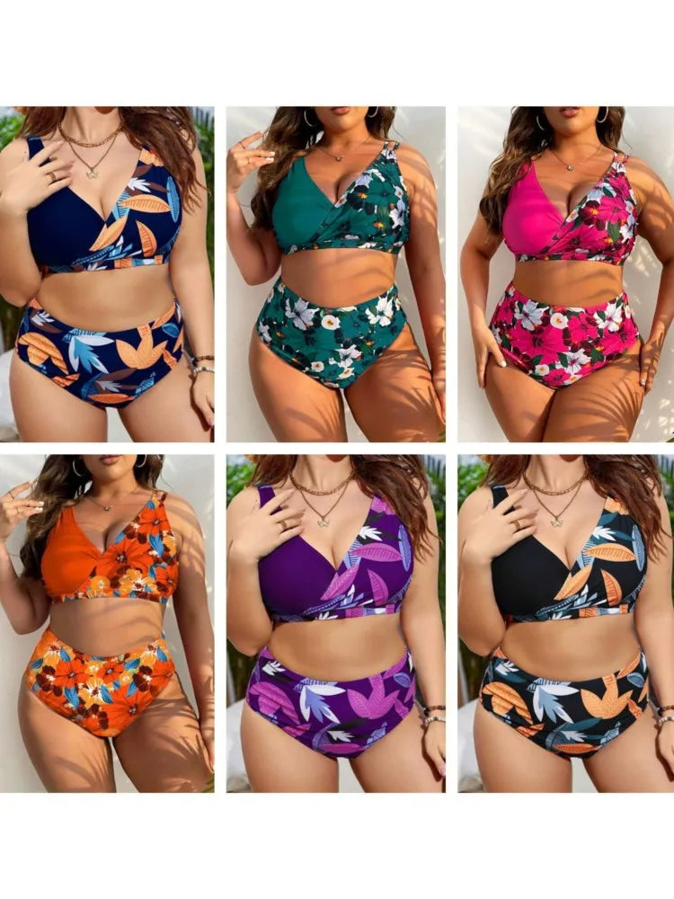 Women's Printed Contrast Panel Top and High Waist Bikini Set