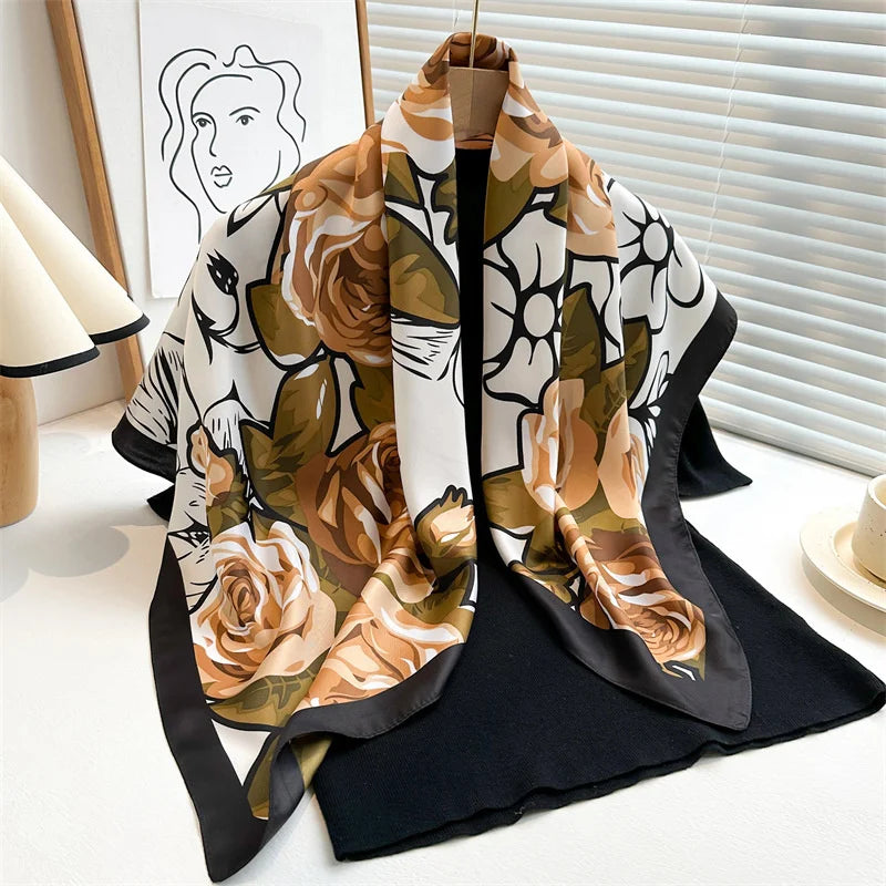 Printed Large Square Scarf with Decorative Border Designs