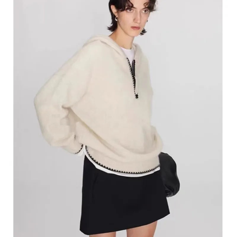 High-end half-zipper hooded 100% cashmere knitted sweater women loose and thick sweater base hoodie top