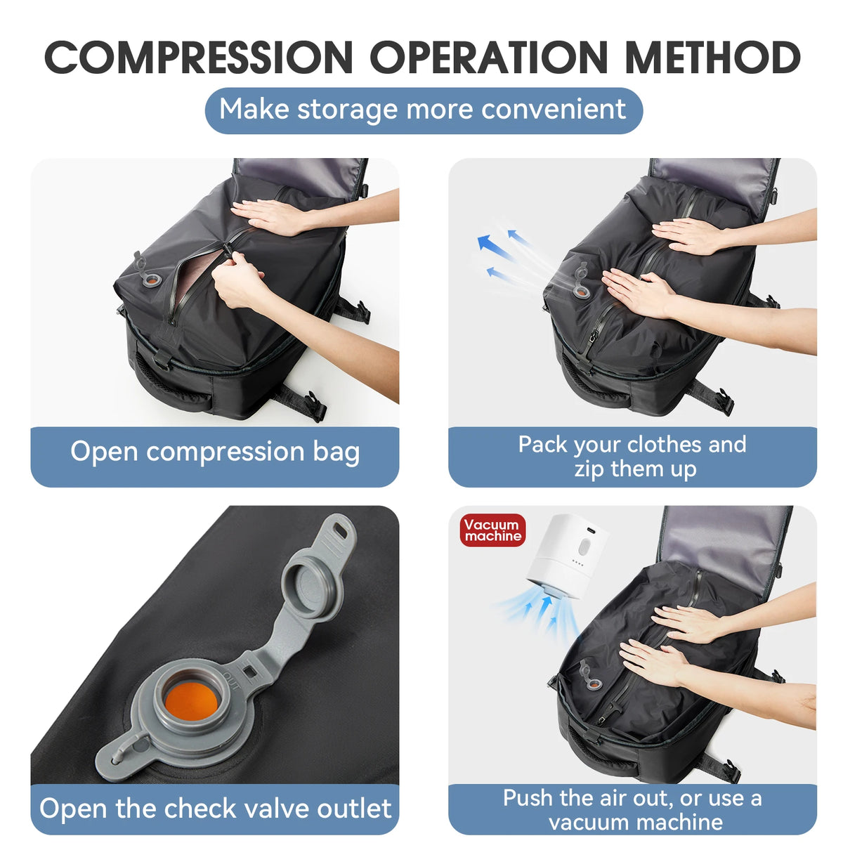 Travel Backpack with Internal Compression Storage and Zippered Compartments