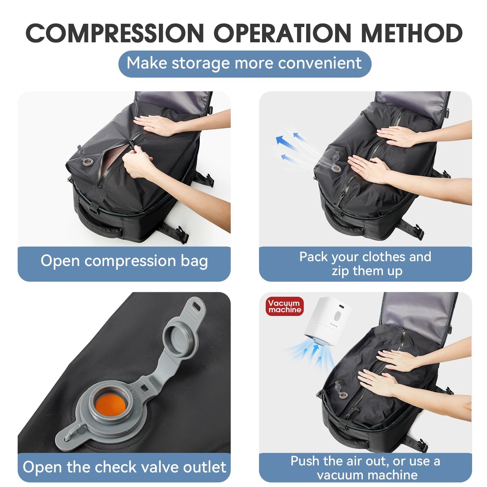Travel Backpack with Internal Compression Storage and Zippered Compartments