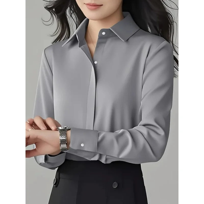 Women's Solid Long-Sleeve Button-Front Collared Regular-Fit Blouse for Everyday and Office Outfits
