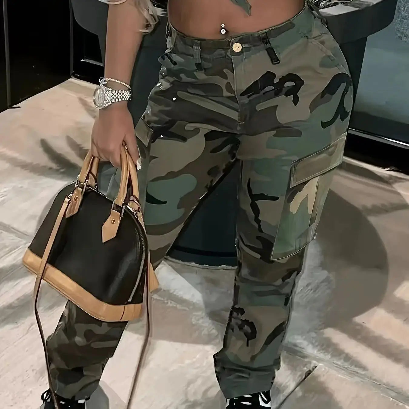 Women's Camouflage Cargo Pants with Straight Legs and Button Waist