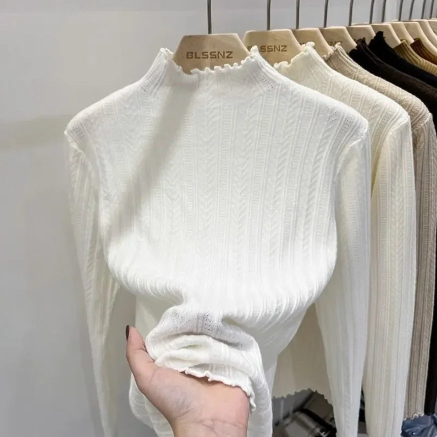 Women's Polyester Solid Long-Sleeve Mock-Neck Slim-Fit Knit Pullover Sweater for Winter Outfits