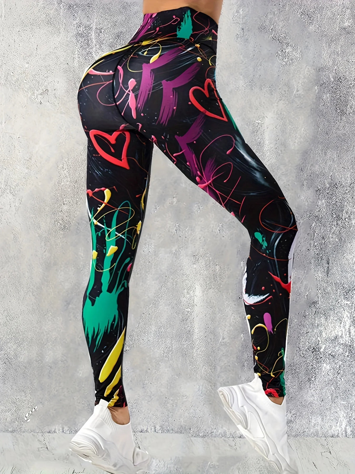 Women's Colourful Graffiti Heart Print Polyester Leggings with High Waist