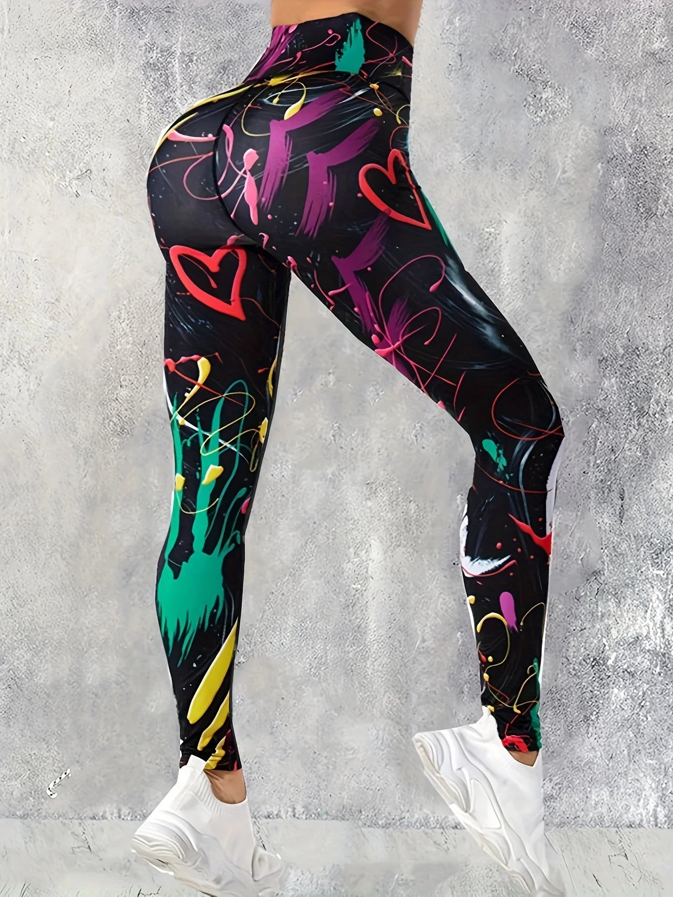 Women's Colourful Graffiti Heart Print Polyester Leggings with High Waist