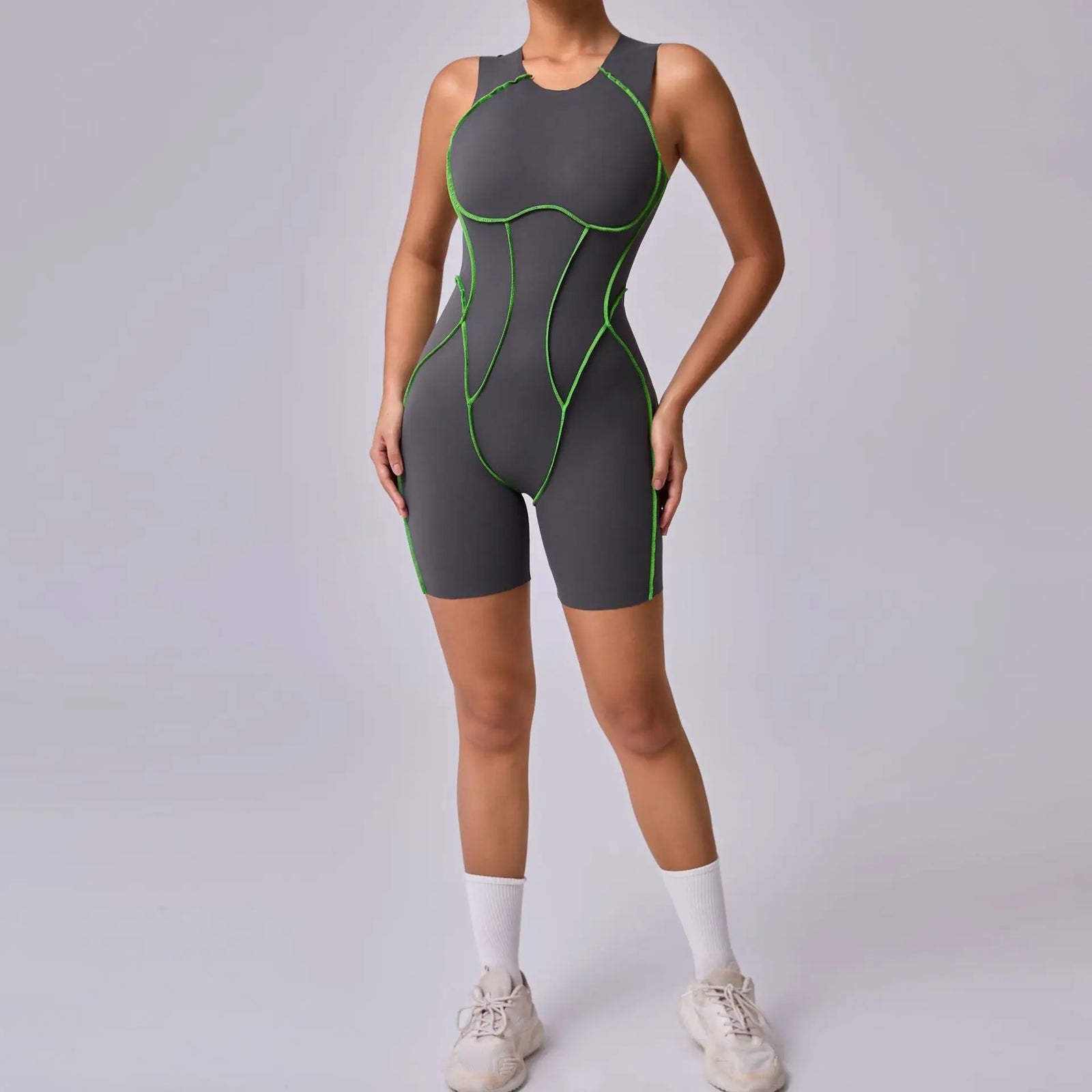 Women's High Neck Open Back Workout Romper with Contrast Seams