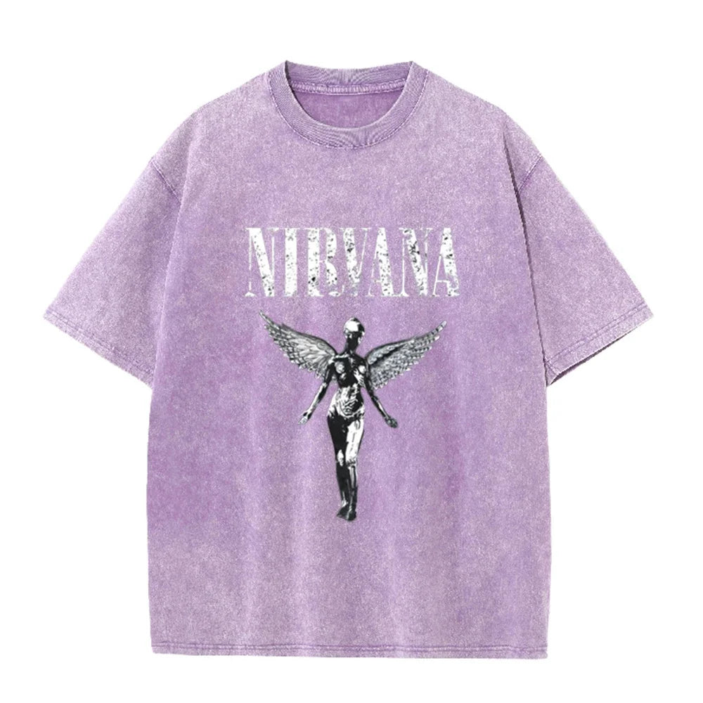 Vintage Distressed Washed Tee Nirvana Grunge Rock Silver Angel Skeleton Print Loose Fit Short Sleeve T Shirts