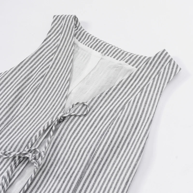 Women's Cotton-Linen Two-Piece Set with Sleeveless V-Neck Tie-Detail Top and Full-Length Pants