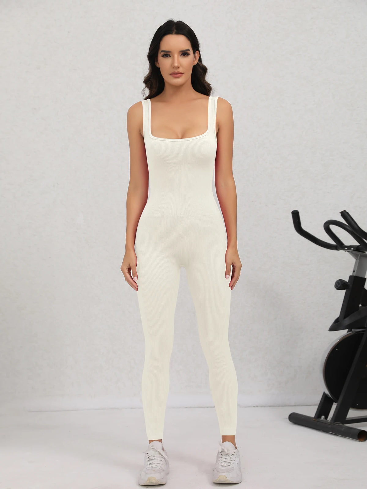 Women's Square Neck Ribbed Nylon Blend Workout Jumpsuit with Fitted Legs