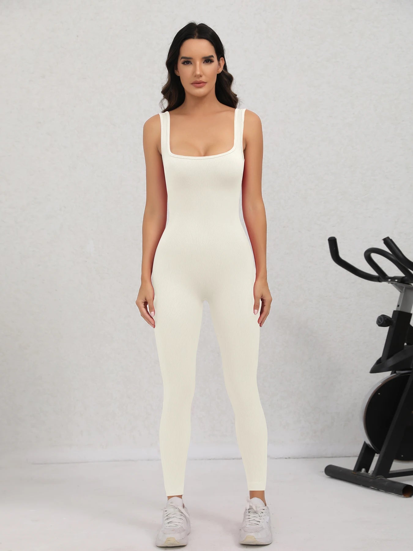 Women's Square Neck Ribbed Nylon Blend Workout Jumpsuit with Fitted Legs
