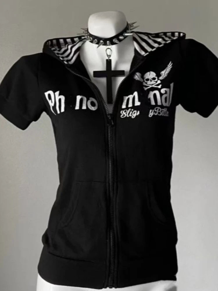 Hooded Short Sleeve Full Zip Casual Top for Layering