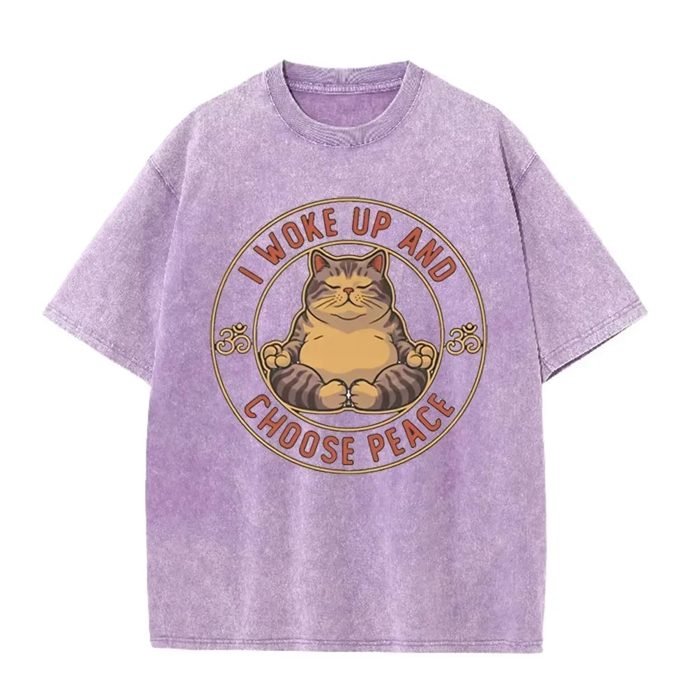 Retro Beige Zen Yoga Tabby Cat Om Symbol Acid Wash Oversized Streetwear Tee