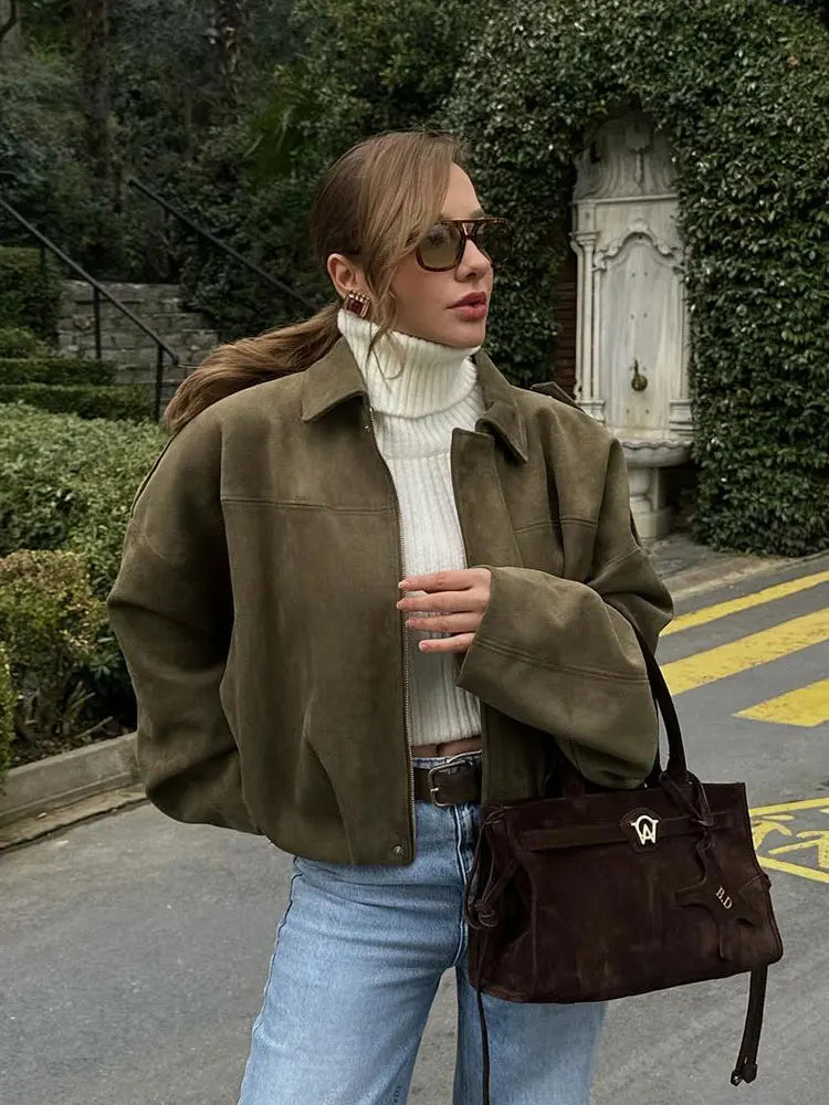Women's Polyester Suede-Look Loose Long-Batwing-Sleeve Zip-Front Collared Jacket for Casual Autumn Outfits