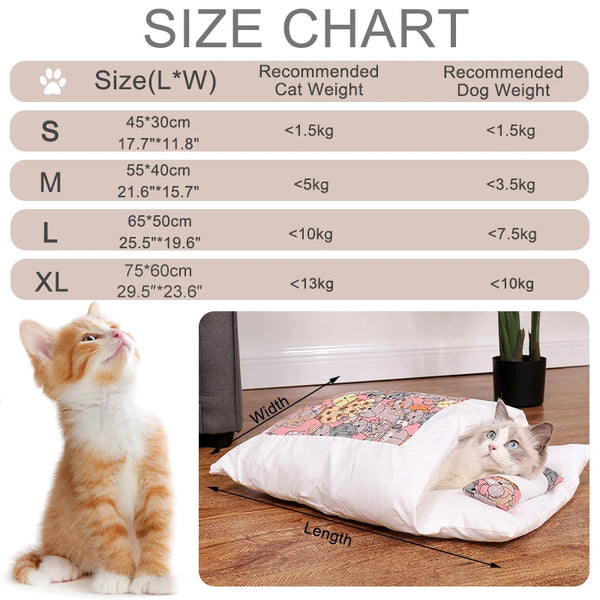 Japanese Cat Bed Warm Cat Sleeping Bag Deep Sleep Cave Winter Removable Pet House Bed for Cats Dogs Nest Cushion with Pillow