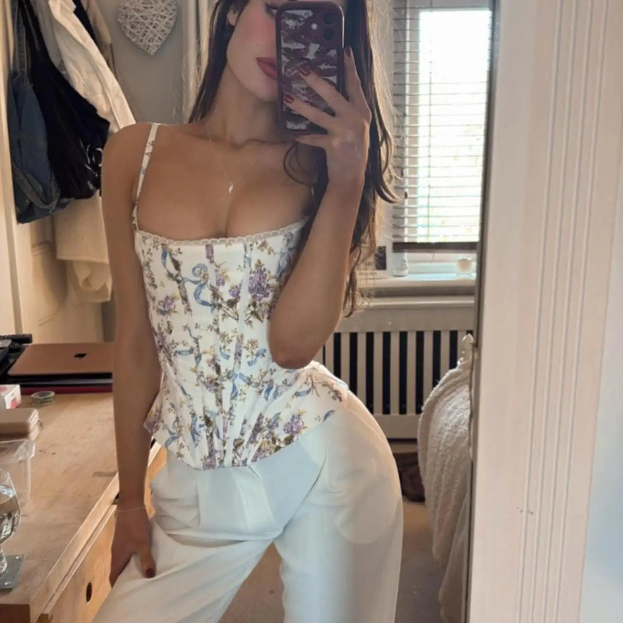 Women's Floral Polyester Blend Bustier Top with Thin Straps and Lace Up Back
