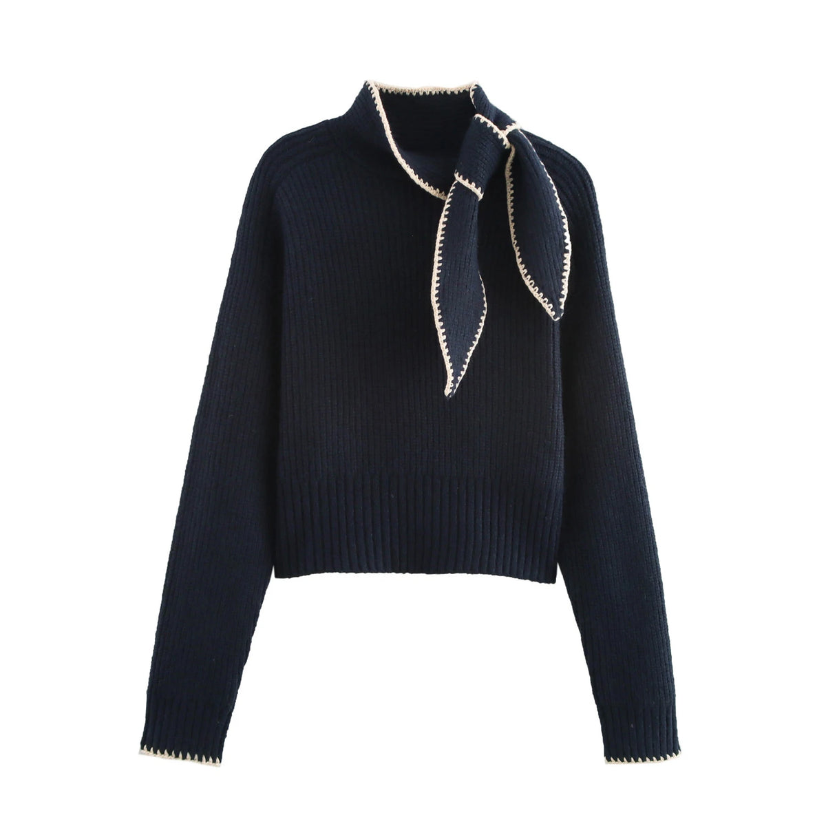 Women's Tie Neck Long Sleeve Knit Sweater Casual Knit Layer