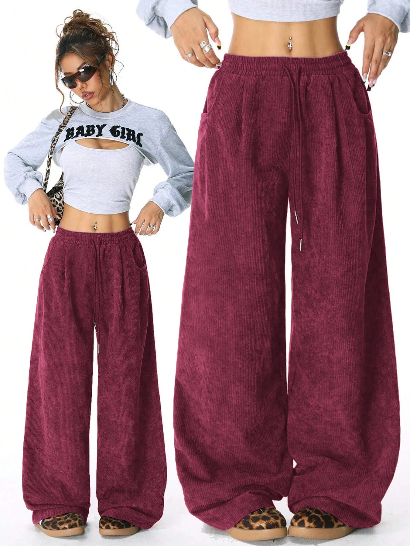 Women's Corduroy Style Drawstring Pants with Wide Legs and Pockets