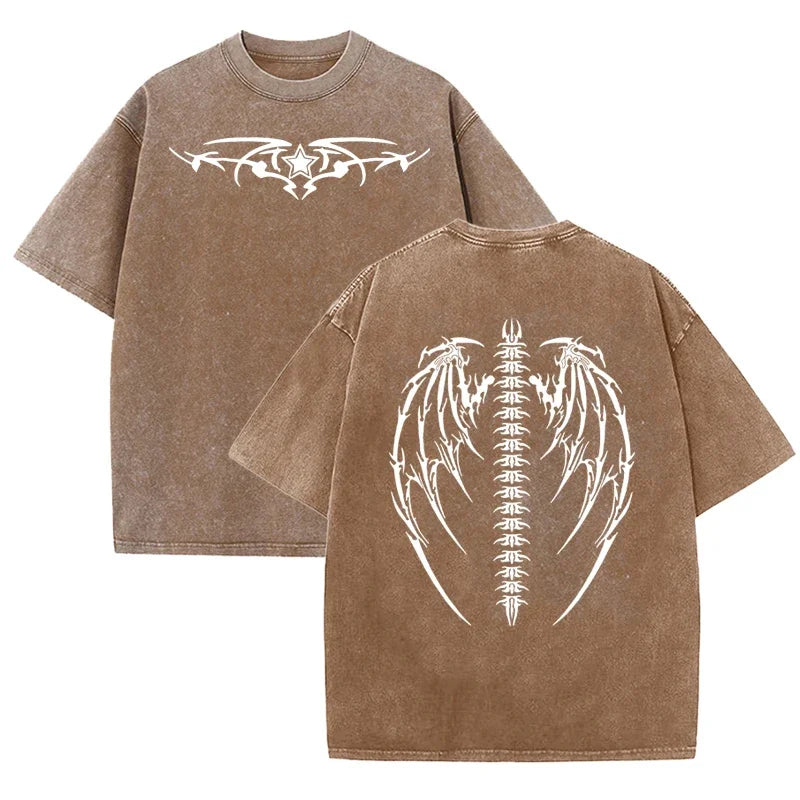 Gothic Tribal Wing Spine Print Vintage Washed Gray Y2K Casual Graphic T Shirt