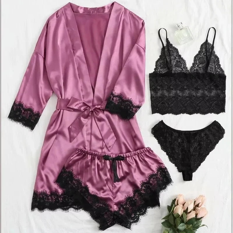 Women's Lace Trim Four Piece Pajama Set with Robe and Shorts