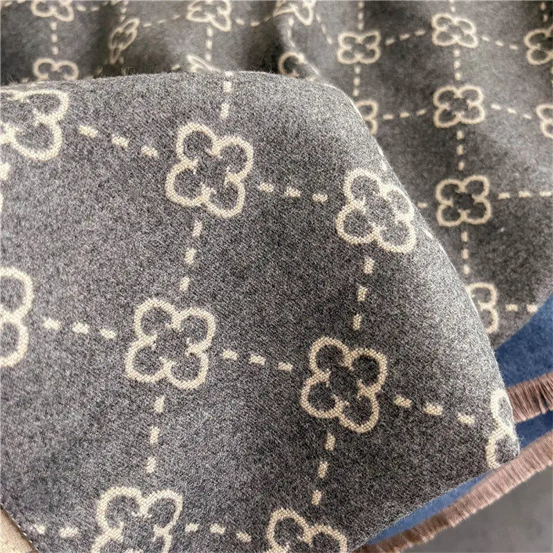 Printed Long Fringed Scarf with Repeating Floral Pattern