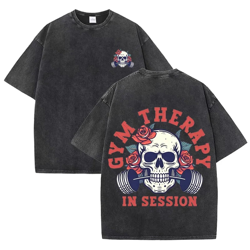 Gym Therapy In Session Skull Rose Print Vintage Washed Workout T Shirt