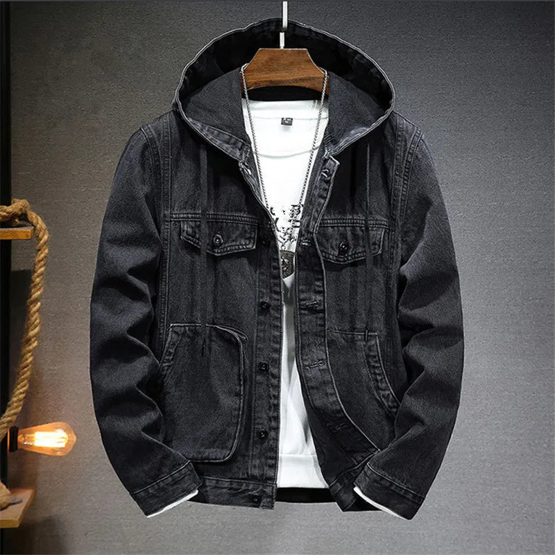Men's Hooded Button-Front Denim Jacket with Pockets