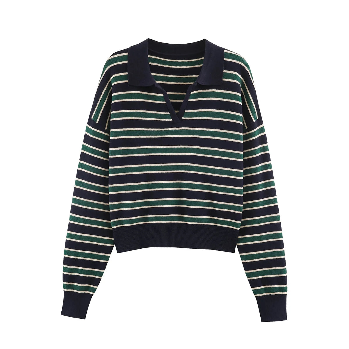 Women's Striped Polo Collar Loose Fit Sweater Casual Knit Layer