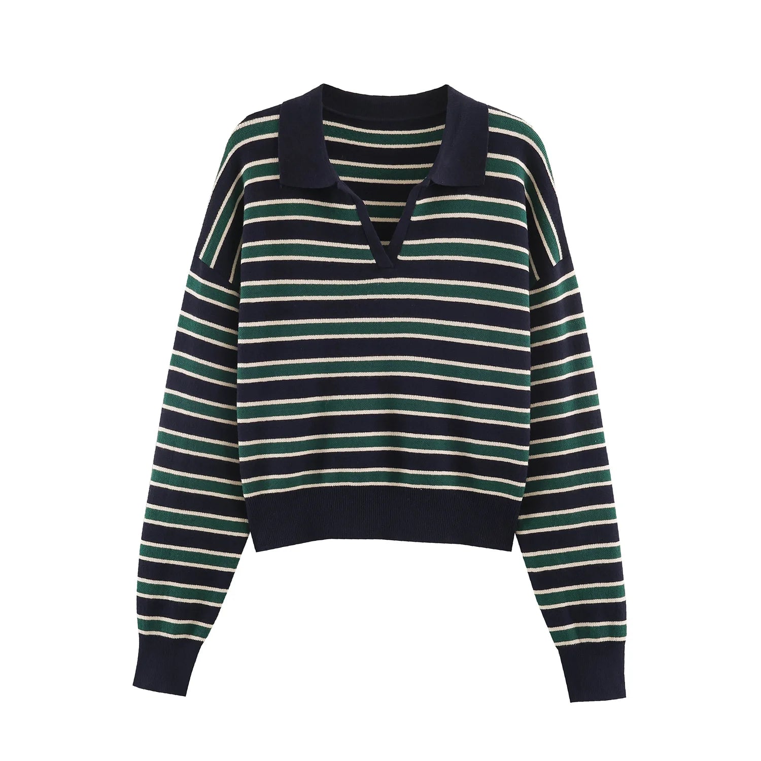 Women's Striped Polo Collar Loose Fit Sweater Casual Knit Layer