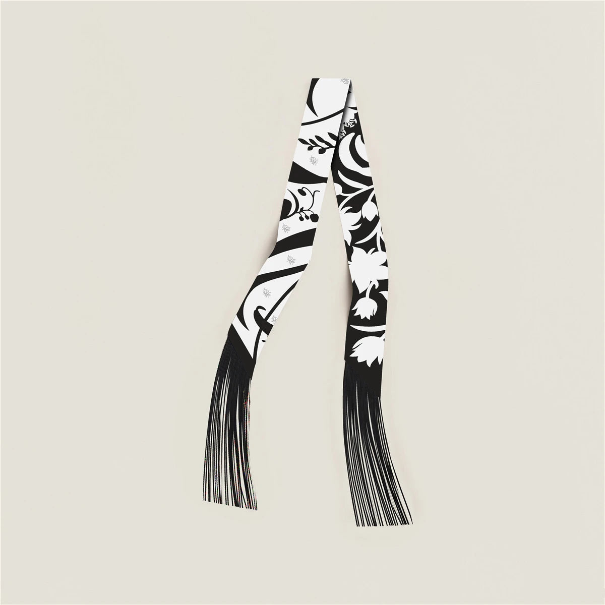 Printed Narrow Ribbon Scarf with Decorative Fringed Ends
