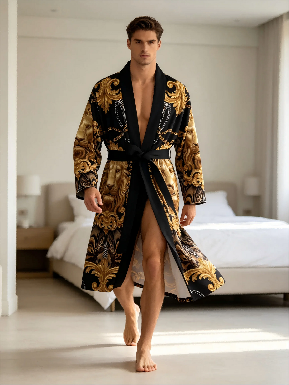 Men's Baroque Lion Print Long Sleeve Tie Waist Bathrobe