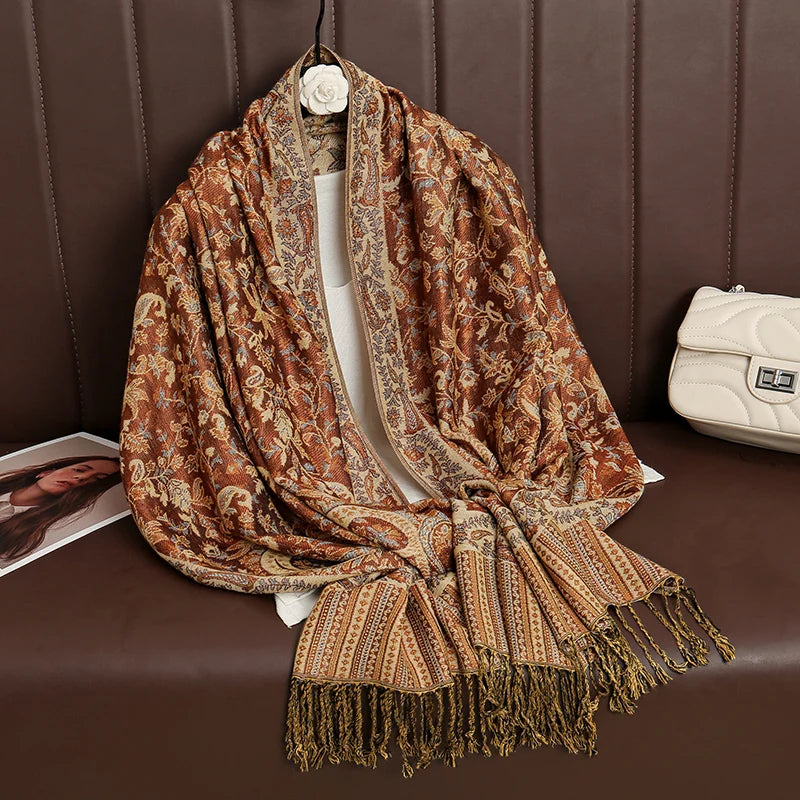 Paisley Floral Print Long Scarf with Fringed Ends