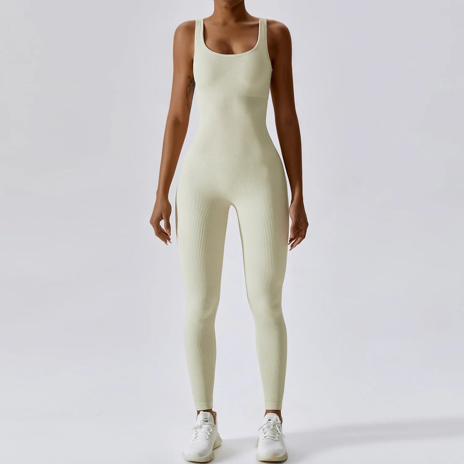 Women's Ribbed Nylon Blend Sleeveless Workout Jumpsuit with Scoop Neck