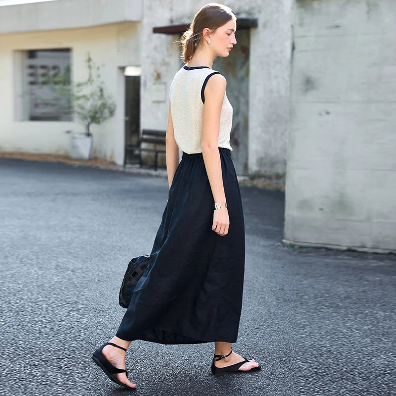 Women's Linen High-Waist Loose Straight Ankle-Length Skirt with Patchwork Detail for Summer