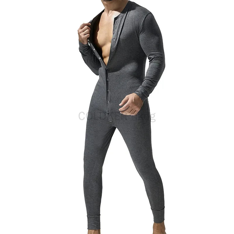 Men's Button Front Long Sleeve Pajama Jumpsuit for Home Wear
